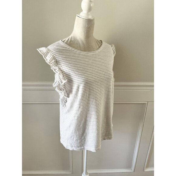 Susina XL White Ruffle Sleeve Tank Top With Gray Stripes Cotton Blend EUC - Picture 2 of 5